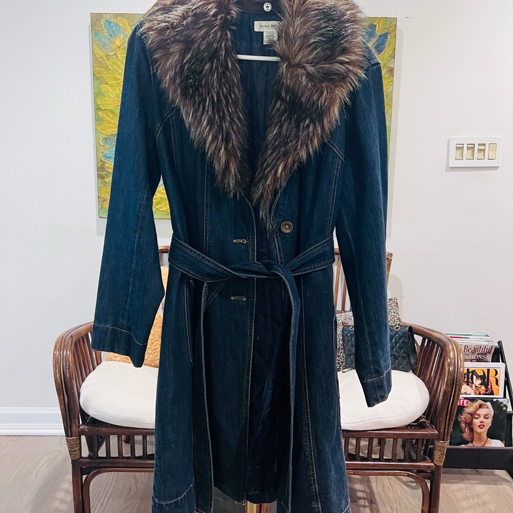 Nine West Dark Blue Denim Trench Coat with Brown Faux Fur Collar